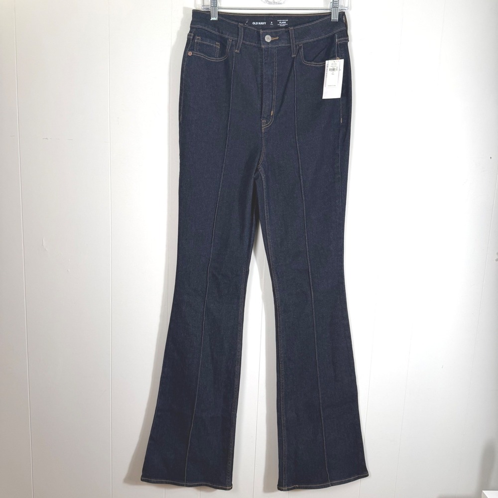 Old Navy Higher High-Rise Flare Jeans Dark Clean Rinse Front Seam 8 Tall New
